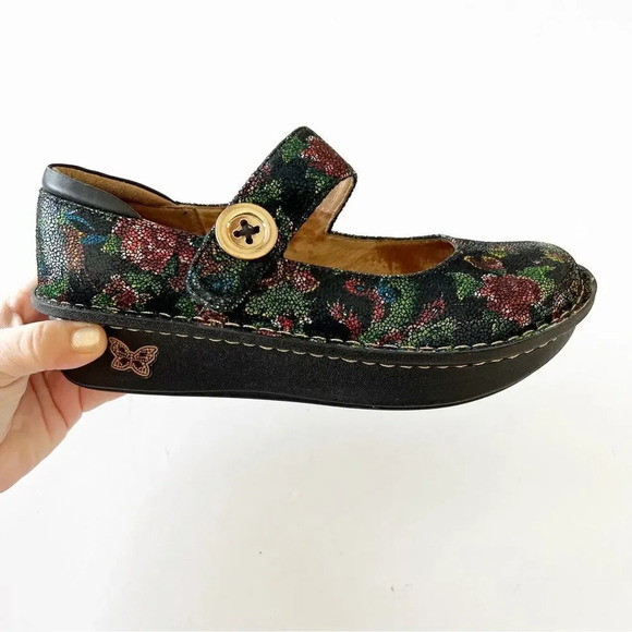 Alegria Paloma‎ Black Leather Colorful Embossed Mary Jane Size 37 WIDE Tapestry - Picture 2 of 14